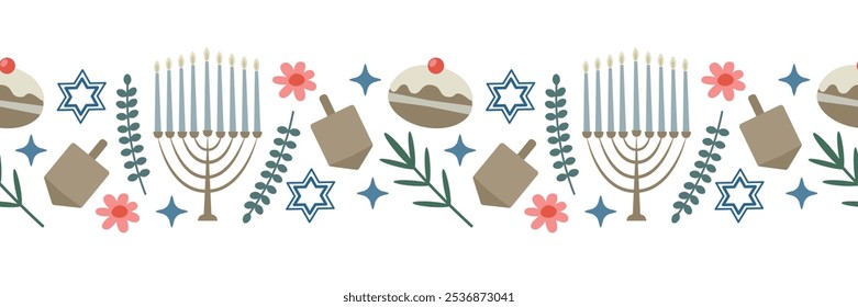 Hanukkah nahtlose Grenze. Dreidel, Menorah, Stern von David und Zweige. Vektorgrafik im ClipArt-Stil für Urlaubsdesign.