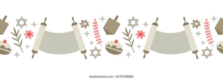 Hanukkah nahtlose Grenze. Thora, Stern von David, Dreidel. Vektorgrafik im ClipArt-Stil für Urlaubsdesign.