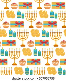 Hanukkah seamless pattern. Hanukkah background with Menorah, Sufganiyot, candles, coins, gift. Happy Hanukkah Festival of Lights, Feast of Dedication seamless texture. Vector illustration