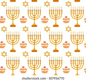 Hanukkah seamless pattern. Hanukkah background with Menorah, Sufganiyot, star of David. Happy Hanukkah Festival of Lights, Feast of Dedication seamless texture. Vector illustration