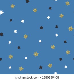 Hanukkah seamless pattern. Blue background with white, black and golden stars (magen david). 
