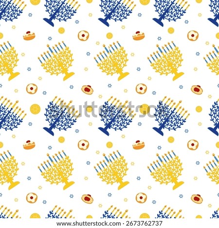 Hanukkah seamless pattern with blue and golden hanukiah menorahs, donuts and chocolate coins in festive vector style