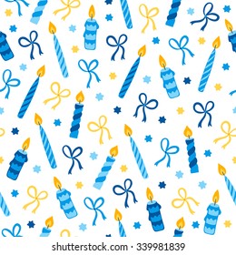 Hanukkah seamless pattern with candles, bows and Jewish star. Perfect for wallpapers, gift papers, patterns fills, textile, web page background, Hanukkah greeting cards