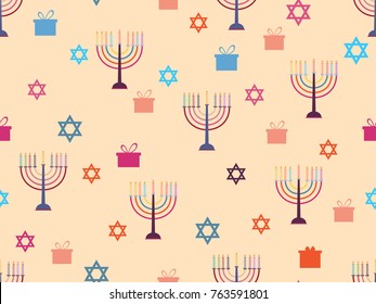 Hanukkah seamless pattern with candlesticks, stars and gifts. Celebratory background. Vector illustration