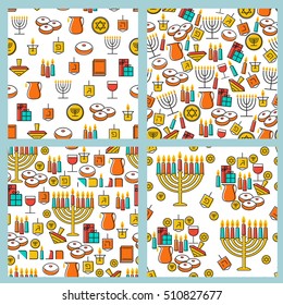 Hanukkah seamless pattern collection. Jewish Holiday Hanukkah symbol. Menorah (candlestick), candles, donuts (sufganiyan), gifts, dreidel, coins, oil. Happy Hanukkah in Hebrew. Vector illustration