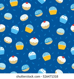 Hanukkah seamless pattern with cupcakes, donuts and Jewish star. Perfect for wallpapers, gift papers, patterns fills, textile, web page background, Hanukkah greeting cards