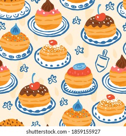 Hanukkah seamless pattern design with hand drawn traditional donuts