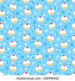 Hanukkah seamless pattern with donuts, snowflakes ans Jewish star on blue background. Perfect for wallpaper, gift paper, pattern fills, textile, web page background, Hanukkah greetings cards.