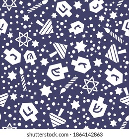 Hanukkah sin fisuras con sueños, velas, estrellas de David. Blanco sobre azul oscuro. Textura judía de vacaciones, fondo. Diseño de vectores para papel de pared, papel de envoltura de regalo, impresión textil, tarjetas de felicitación