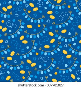 Hanukkah seamless pattern with garlands, coins and Jewish star. Perfect for wallpapers, gift papers, patterns fills, textile, web page background, Hanukkah greeting cards