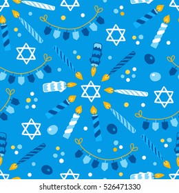 Hanukkah seamless pattern with garlands, dreidel, confetti, candles and Jewish star. Perfect for wallpapers, gift papers, patterns fills, textile, web page background, Hanukkah greeting cards