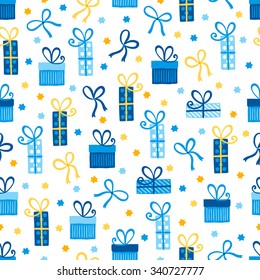 Hanukkah seamless pattern with gifts, bows, ribbons and Jewish star. Perfect for wallpapers, patterns fills, gift papers, textile, web page background, Hanukkah greeting cards