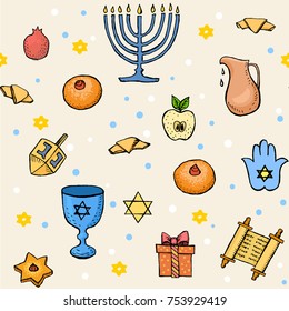 Hanukkah seamless pattern with hand drawn jewish symbols: torah, menorah, dreidel, sufganiyah. Vector hebrew holiday background with doodle icons.