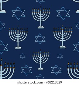 Hanukkah seamless pattern with hand drawn elements on a blue background. Holiday pattern, wrapping paper design.