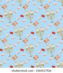 Hanukkah seamless pattern. Jewish Holiday. Menorah, candles, donuts, gifts. Vector illustration