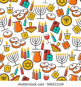 Hanukkah seamless pattern.  Jewish Holiday Hanukkah symbol. Menorah (candlestick), candles, donuts (sufganiyan), gifts, dreidel, coins, oil. Happy Hannukah in Hebrew. Vector illustration