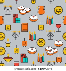 Hanukkah seamless pattern. Jewish Holiday Hanukkah symbol. Menorah (candlestick), candles, donuts (sufganiyan), gifts, dreidel, coins, oil. Vector illustration