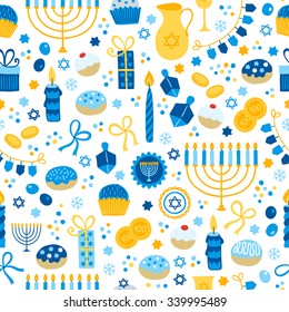 Hanukka nahtloses Muster mit Menorah, Kerzen, Donuts, Garland, Bogen, Cupcake, Geschenke, Kerzen, dreidel, Konfetti, Münzen, Öl, Sufganiyah, Schneeflocken und jüdischen Stern. Jüdische Feiertagssymbole