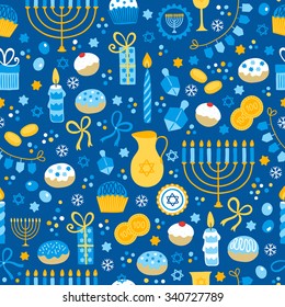 Hanukkah seamless pattern with menorah, candles, donuts, garland, bow, cupcake, gifts, candles, dreidel, confetti, coins, oil, sufganiyan, snowflakes and Jewish star. Festival of Lights symbols