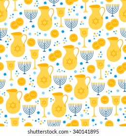 Hanukkah seamless pattern with menorah, confetti, coins, oil and Jewish star. Perfect for wallpaper, gift paper, pattern fills, textile, web page background, Hanukkah greetings cards.