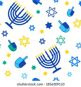 Hanukkah seamless pattern with menorah, dreidel, star of David. Jewish holiday texture, background. Cute vector design for wallpapers, children gift wrap paper, textile print, Hanukkah greeting cards.