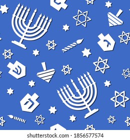 Hanukkah nahtloses Muster mit menorah, dreidel, Kerzen, Star von David. Jüdische Ferienstruktur, Hintergrund. Cute Vektordesign für Wallpaper, Kindergeschenkpapier, Stoffdruck, Grußkarten.