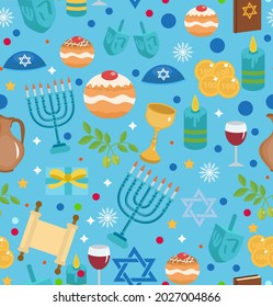 Hanukkah seamless pattern with menorah, dreidel, coins, snowflakes, donuts, bows and Jewish star.