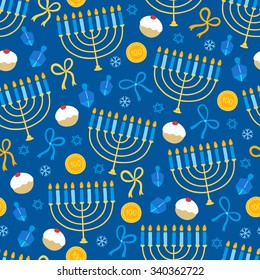 Hanukkah se caracteriza por su estilo sin fisuras con menorah, dreidel, monedas, copos de nieve, donuts, arcos y estrella judía. Perfecto para papeles pintados, papeles de regalo, motivos rellenos, textiles, tarjetas de felicitación Hanukkah