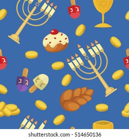 Hanukkah seamless pattern with menorah, dreidel, coins, donuts, bows and Jewish star. Hanukkah pattern wallpaper gift paper. Hanukkah greeting card pattern. Hanukkah pattern jewish holiday vector.