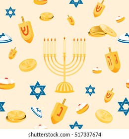 Hanukkah seamless pattern with menorah, dreidel, coins, snowflakes, donuts, bows and Jewish star. Perfect for wallpapers, gift papers, patterns fills, textile, Hanukkah greeting cards