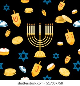 Hanukkah seamless pattern with menorah, dreidel, coins, snowflakes, donuts, bows and Jewish star. Perfect for wallpapers, gift papers, patterns fills, textile, Hanukkah greeting cards