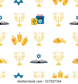 Hanukkah seamless pattern with menorah, dreidel, coins, snowflakes, donuts, bows and Jewish star. Perfect for wallpapers, gift papers, patterns fills, textile, Hanukkah greeting cards