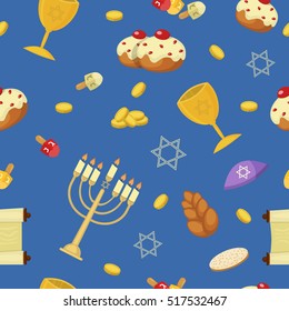 Hanukkah seamless pattern with menorah, dreidel, coins, donuts, bows and Jewish star. Hanukkah pattern wallpaper gift paper. Hanukkah greeting card pattern. Hanukkah pattern jewish holiday vector.