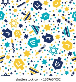 Hanukkah seamless pattern with menorah, dreidels, candles, stars of David. Jewish holiday texture, background. Festive vector design for wallpapers, gift wrap paper, textile print, greeting cards.