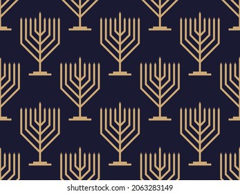 Hanukkah seamless pattern with menorah with nine candle. Jewish festival background for invitation flyers, brochures and promotional items. Golden menorah on black background. Vector illustration