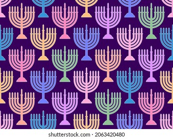 Hanukkah seamless pattern with menorah with nine candle. Jewish festival background for brochures, banners and wrapping paper. Vector illustration