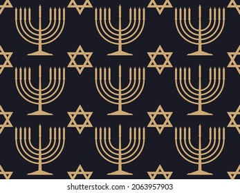 Hanukkah seamless pattern with menorah with nine candle. Jewish festival background for invitation flyers, brochures and promotional items. Golden menorah on black background. Vector illustration