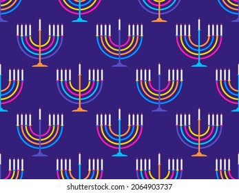 Hanukkah seamless pattern with menorah with nine candle. Jewish festival background for brochures, banners and wrapping paper. Vector illustration