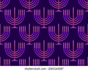 Hanukkah seamless pattern with menorah with nine candle. Jewish festival background for brochures, banners and wrapping paper. Hanukkah candles on violet background. Vector illustration