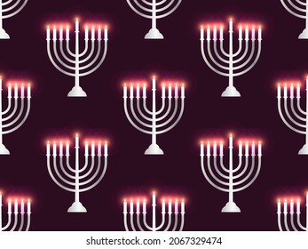 Hanukkah seamless pattern with menorah with nine candle. Bright candlelight. Festival design for brochures, banners and wrapping paper. Hanukkah candles on violet background. Vector illustration