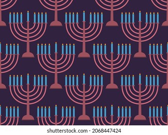 Hanukkah seamless pattern with menorah with nine candle. Jewish festival background for invitation flyers, brochures and promotional items. Vector illustration
