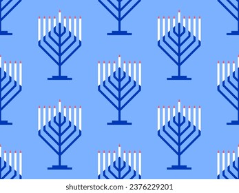 Hanukkah seamless pattern with Menorah with nine candles. Lighted Hanukkah candles. Design of greeting cards, banners and promotional products. Vector illustration