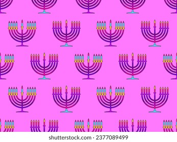 Hanukkah seamless pattern with Menorah with nine candles. Lighted Hanukkah candles. Design of greeting cards, banners and promotional products. Vector illustration