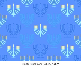 Hanukkah seamless pattern with Menorah with nine candles. Lighted Hanukkah candles. Design of greeting cards, banners and promotional products. Vector illustration