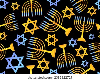 Hanukkah seamless pattern with Menorah with nine candles and stars of David. Lighted Hanukkah candles. Design of greeting cards, banners and promotional products. Vector illustration