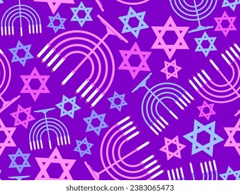 Hanukkah seamless pattern with Menorah with nine candles and stars of David. Lighted Hanukkah candles. Design of greeting cards, banners and promotional products. Vector illustration