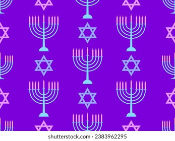 Hanukkah seamless pattern with Menorah with nine candles and stars of David. Lighted Hanukkah candles. Design of greeting cards, banners and promotional products. Vector illustration