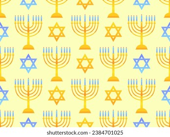 Hanukkah seamless pattern with Menorah with nine candles and stars of David. Lighted Hanukkah candles. Design of greeting cards, banners and promotional products. Vector illustration