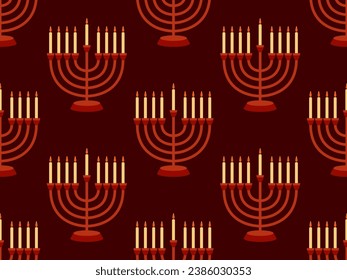 Hanukkah seamless pattern with Menorah with nine candles on red background. Lighted Hanukkah candles. Design of greeting cards, banners and promotional products. Vector illustration