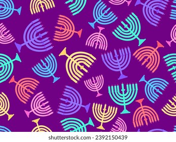 Hanukkah seamless pattern with Menorah with nine candles. Lighted Hanukkah candles. Design of greeting cards, banners and promotional products. Vector illustration